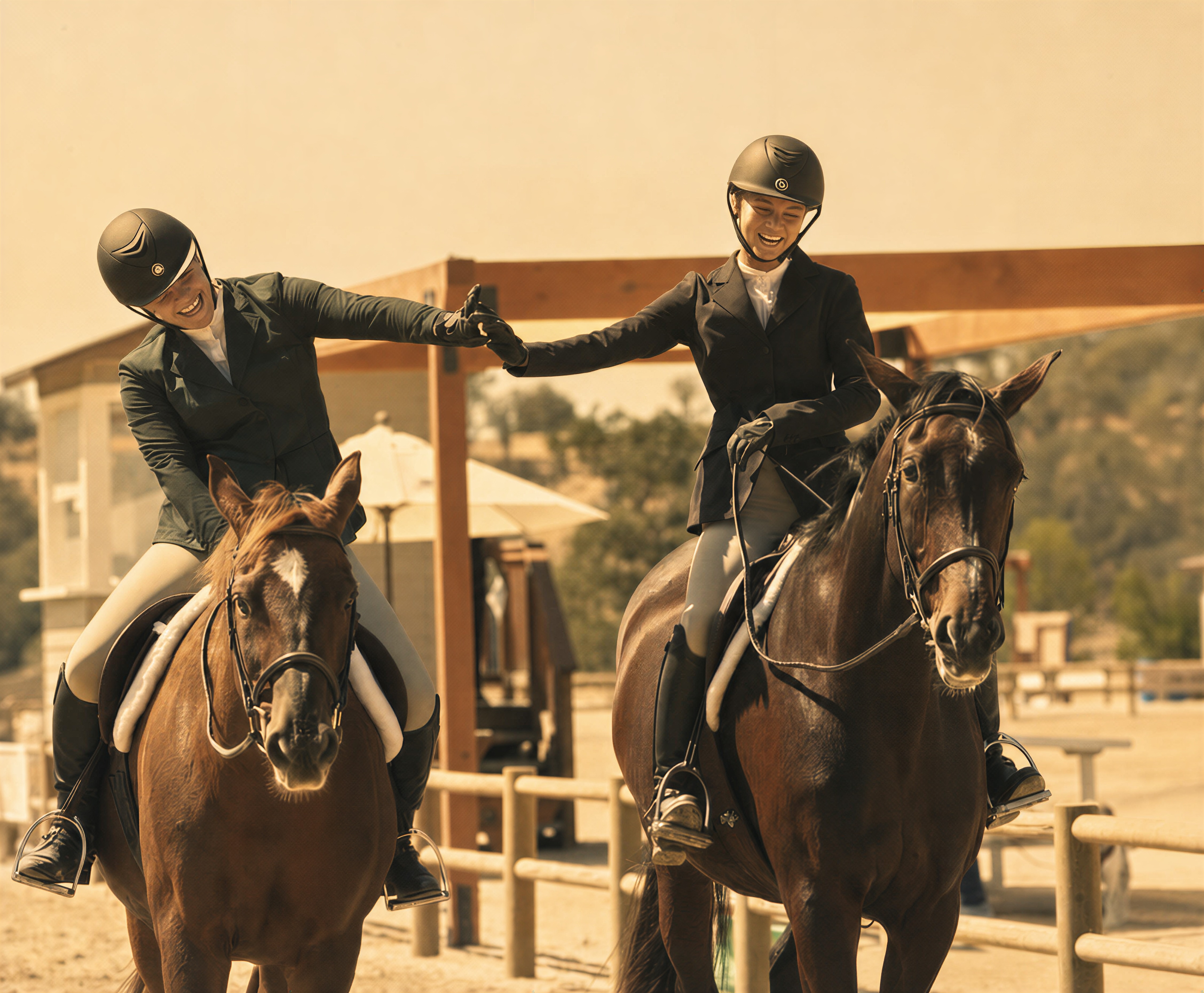 Two EACPA riders on horseback high-fiving in the arena