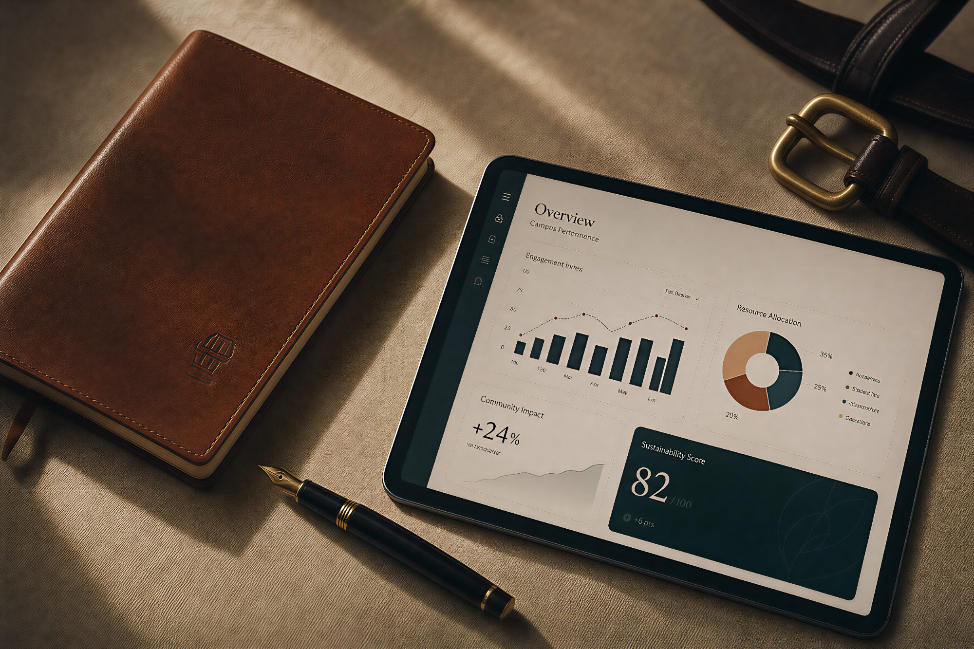 A leather journal, fountain pen, and tablet on a desk
